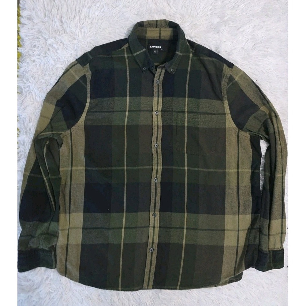 Express Shirt Mens XL Green Tan Casual Outdoor Workwear Preppy Long Sleeve Shirt